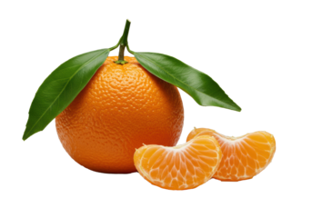 A vibrant whole mandarin orange with a delicate green leaf and stem, beside two glistening peeled segments on a clean transparent background, highlighting fresh citrus health