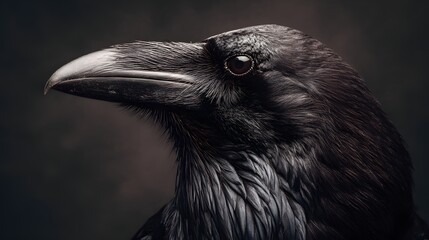 Fototapeta premium Dramatic Side Profile of a Black Raven Against Dark Background