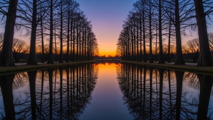 Serene Lake Reflection at Sunset with Trees.
