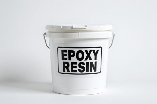 Industrial, commercial epoxy resin, in a durable plastic bucket container with bold black text labelling, minimalist design on white background, for product display, packaging mockup. - Powered by Adobe