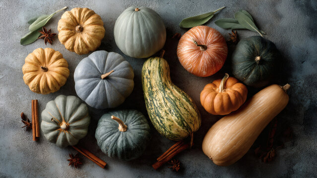 Assorted gourds and pumpkins arranged in a circular pattern on a textured gray surface with scattered spices and leaves from a top-down viewpoint