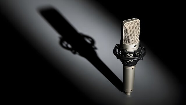 Professional condenser microphone casting a dramatic shadow on a dark background, perfect for music production and broadcasting
