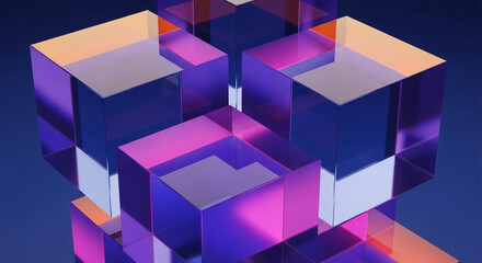 Abstract image of translucent cubes in purple, pink, and orange hues, arranged in an overlapping composition, showcasing a modern and minimalist aesthetic, ideal for a tech or design background