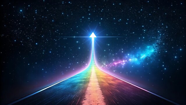 Vibrant rainbow colored road leading upwards toward bright arrow in starry night sky symbolizing future and achievement