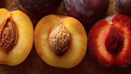 Fototapeta premium Top down shot of exotic stone fruits including halved peaches and plums arranged on a textured surface