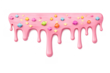 Pink dripping icing adorned with colorful geometric sprinkles, a sweet dessert decoration with transparent background