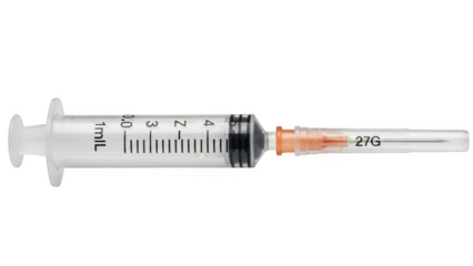 One milliliter clear plastic syringe with orange needle hub and 27 gauge needle png isolated transparent background