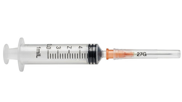 One milliliter clear plastic syringe with orange needle hub and 27 gauge needle png isolated transparent background
