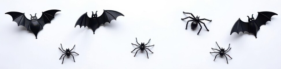 Black bats and spiders arranged on white background for Halloween Flat lay, top view, copy space , simple, october