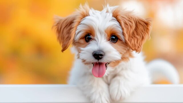 Adorable white and brown puppy resting paws on a white fence during autumn. Happy young dog smiling with tongue out against orange fall foliage. Cute pet portrait with copy space