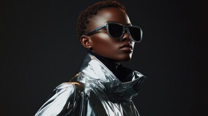 Obraz premium Stylish person portrait with sunglasses and metallic jacket against a dark backdrop