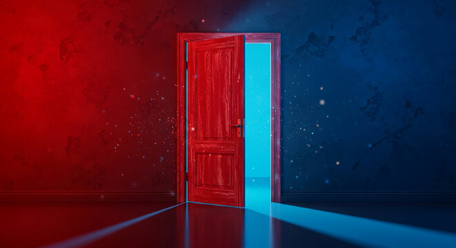 Red wooden door ajar revealing blue light, textured walls, dust particles in air, creating mysterious, hopeful scene, ideal for opportunity, transition concepts