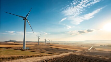 wind farm turbines on rolling hills under a vast blue sky with wispy clouds and bright sun producing clean renewable energy