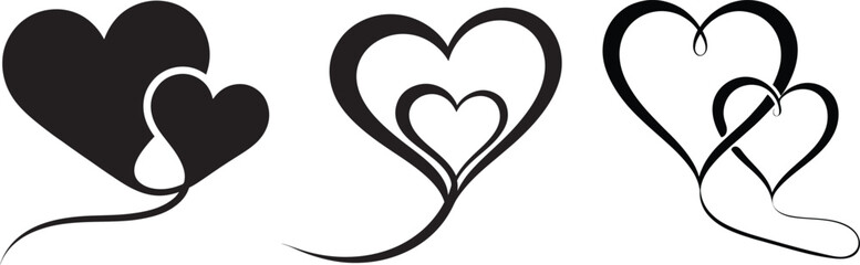 Elegant black and white heart designs with swirling lines and overlapping shapes