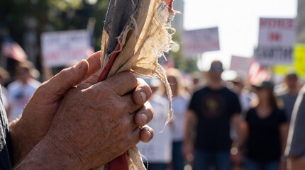 Close-up of rough male hands tightly clutching an old and tattered American flag against a crowd background