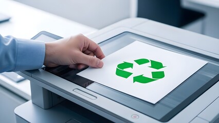 Person placing paper with recycling symbol into office copier for printing or scanning