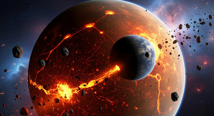 Fiery planet collision, lava flows, space rocks, and cosmic dust depict a cataclysmic event, symbolizing destruction, chaos, and the immense power of the universe