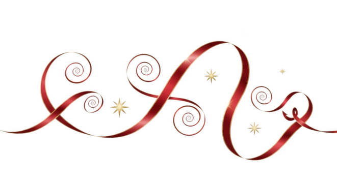 Red ribbon swirls with gold trim and scattered gold stars on png isolated transparent background black background - Powered by Adobe