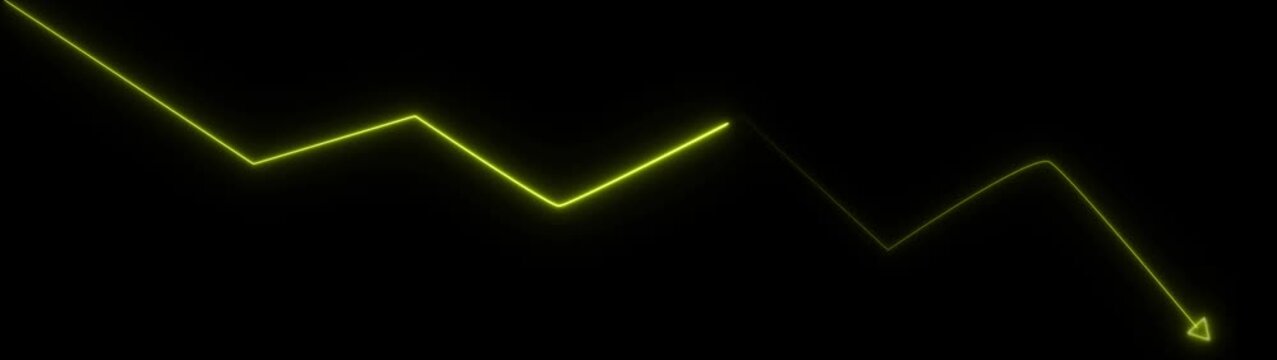 Yellow Neon Line Graph Arrow Downwards Against Black .Abstract neon line arrow down business graph.
