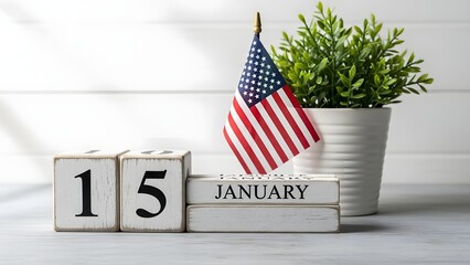 January 15th patriotic display with American flag and calendar.