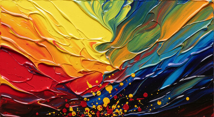 Abstract painting with red, yellow, blue, and green paint swirls and splatters, creating a dynamic and vibrant texture, showcasing energy and movement