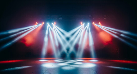 Empty stage with blue and red lighting, creating a dramatic atmosphere, showcasing potential for event promotion or concert advertisement, perfect for a music or show background