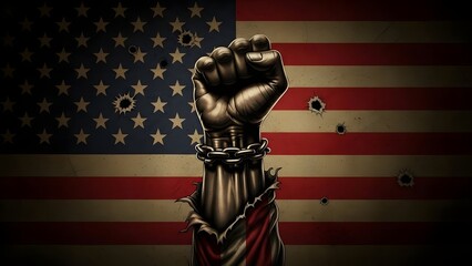 A powerful fist raised in defiance against the American backdrop.