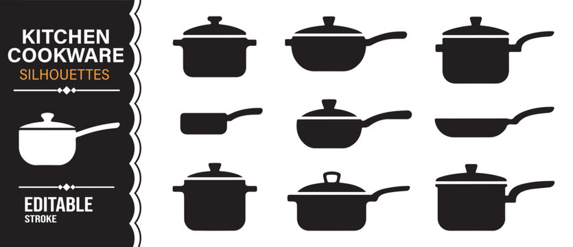 Culinary cookware icons in silhouette style isolated vector set