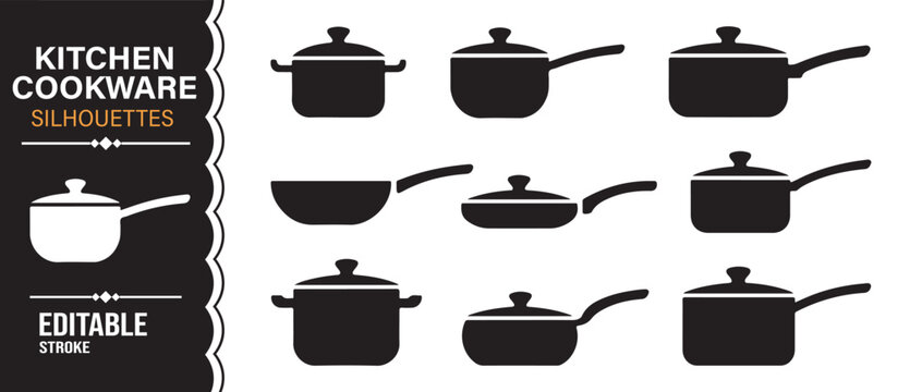 Cookware silhouettes featuring kitchen pots pans and saucepans