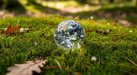Glass globe depicting Earth rests on lush green moss, symbolizing environmental conservation and the planet's fragility
