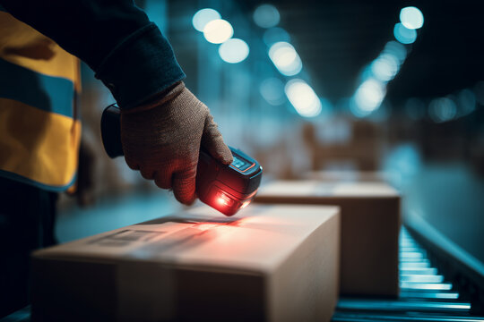 Warehouse worker scanning barcode on cardboard box - inventory management, logistics operations, supply chain tracking, fulfillment center workflow, industrial warehouse technology, order verification