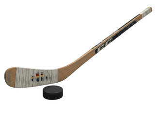 Wooden hockey stick with png isolated transparent background white tape and black puck on black background © soniya