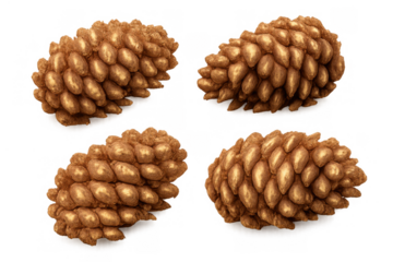 Four digital art elements showing stylized pinecone scale clusters with a golden brown color on a transparent background