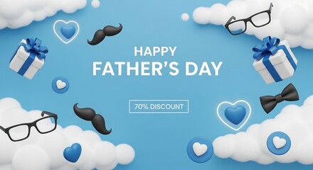 A vibrant 3d illustration for a father's day sale featuring a 70 percent discount
