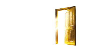 An antique golden door with an empty frame and glass window stands isolated on a blank white wall, featuring a decorative 3d gold handle for a luxury interior home architecture design