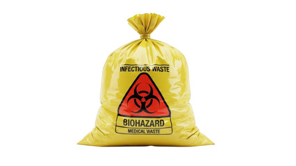 Yellow biohazard medical waste bag with infectious waste label png isolated transparent background image