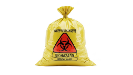 Yellow biohazard medical waste bag with infectious waste label png isolated transparent background image