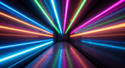 Abstract image of multicolored neon light streaks converging at a central point, creating a dynamic and vibrant visual effect suitable for a variety of design projects, symbolizing energy and movement