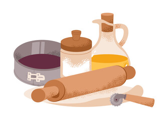 Charming baking featuring essential tools and ingredients, a rolling pin, dough, pastry cutter, oil, sugar, and a baking tin. Perfect for recipe graphics, kitchen decor, or culinary projects.
