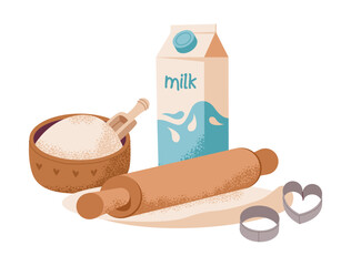 Baking Ingredients with Milk, Flour and Rolling Pin. Cozy homemade pastry preparation with warm rustic details and sweet baking mood.