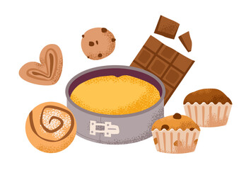 Tasty dessert featuring a baked cake in a tin, chocolate bar pieces, cookies, pastries, and muffins for a cozy baking.