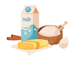 Cozy baking ingredients featuring a milk carton, butter sticks, with a scoop, cinnamon sticks, and an egg, perfect for cooking, recipe cards, or kitchen themed designs.