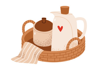 Cozy Breakfast Tray with Teapot and Jar. Perfect for themes of home comfort, breakfast, kitchen decor, and hospitality.