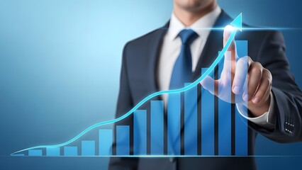 abstract financial growth interface with glowing upward curve and human interaction businessman touching upward growth chart representing financial success and business performance