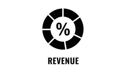 A black and white graphic illustration of a percentage sign surrounded by sections, representing revenue growth and statistics.