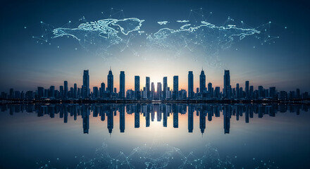 Silhouette of city skyline reflected in calm water, overlaid with a glowing world map network symbolizing global connectivity and modern urban development