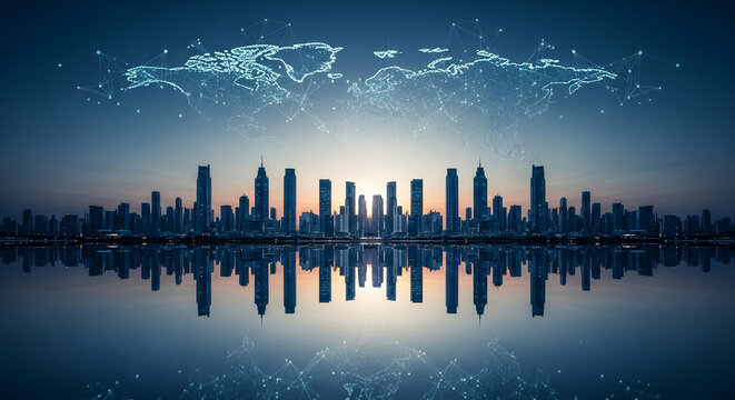 Silhouette of city skyline reflected in calm water, overlaid with a glowing world map network symbolizing global connectivity and modern urban development - Powered by Adobe