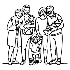Continuous one black line art drawing happy family father and mother with child doodles style vector illustration on white