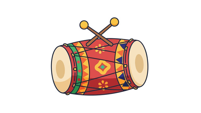 Colorful cartoon dhol drum with decorative patterns and drumsticks on a white background.