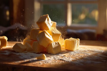 Rustic hand-cut butter chunks on flour-dusted wooden countertop for artisan baking cooking dairy recipe food styling and homemade culinary use

